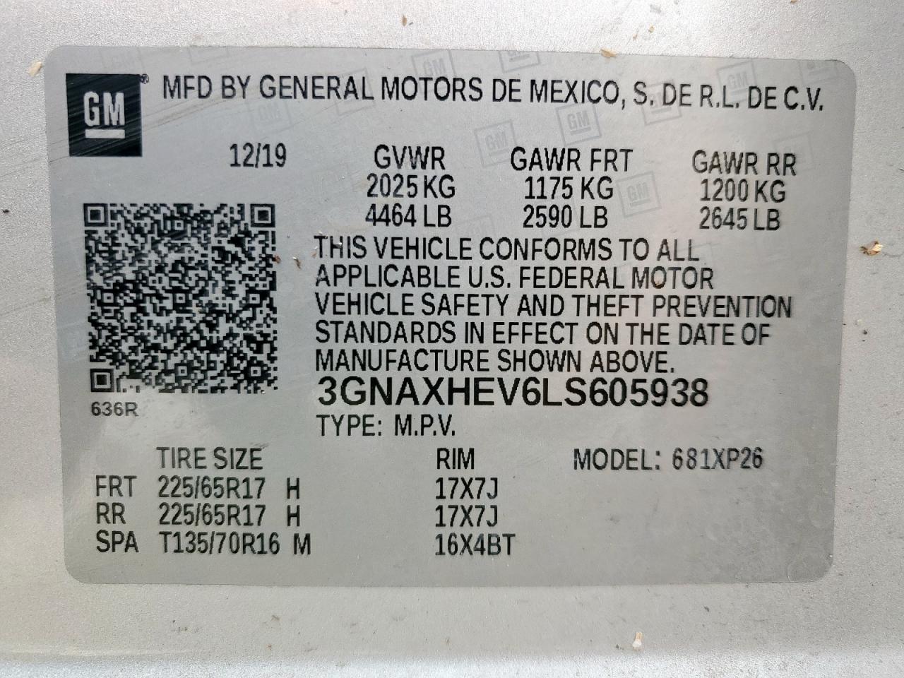 2020 Chevrolet Equinox Ls VIN: 3GNAXHEV6LS605938 Lot: 56337365