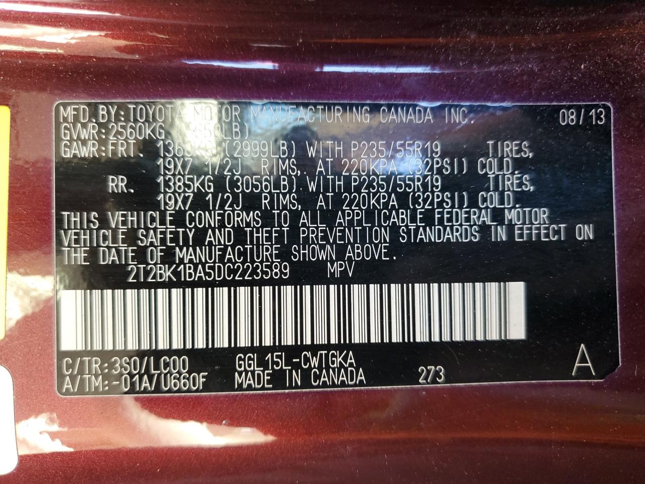 2013 Lexus Rx 350 Base VIN: 2T2BK1BA5DC223589 Lot: 57445625