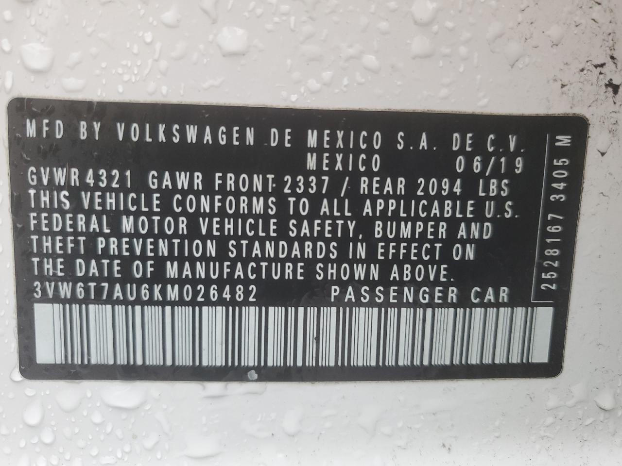 2019 Volkswagen Gti S VIN: 3VW6T7AU6KM026482 Lot: 55920515