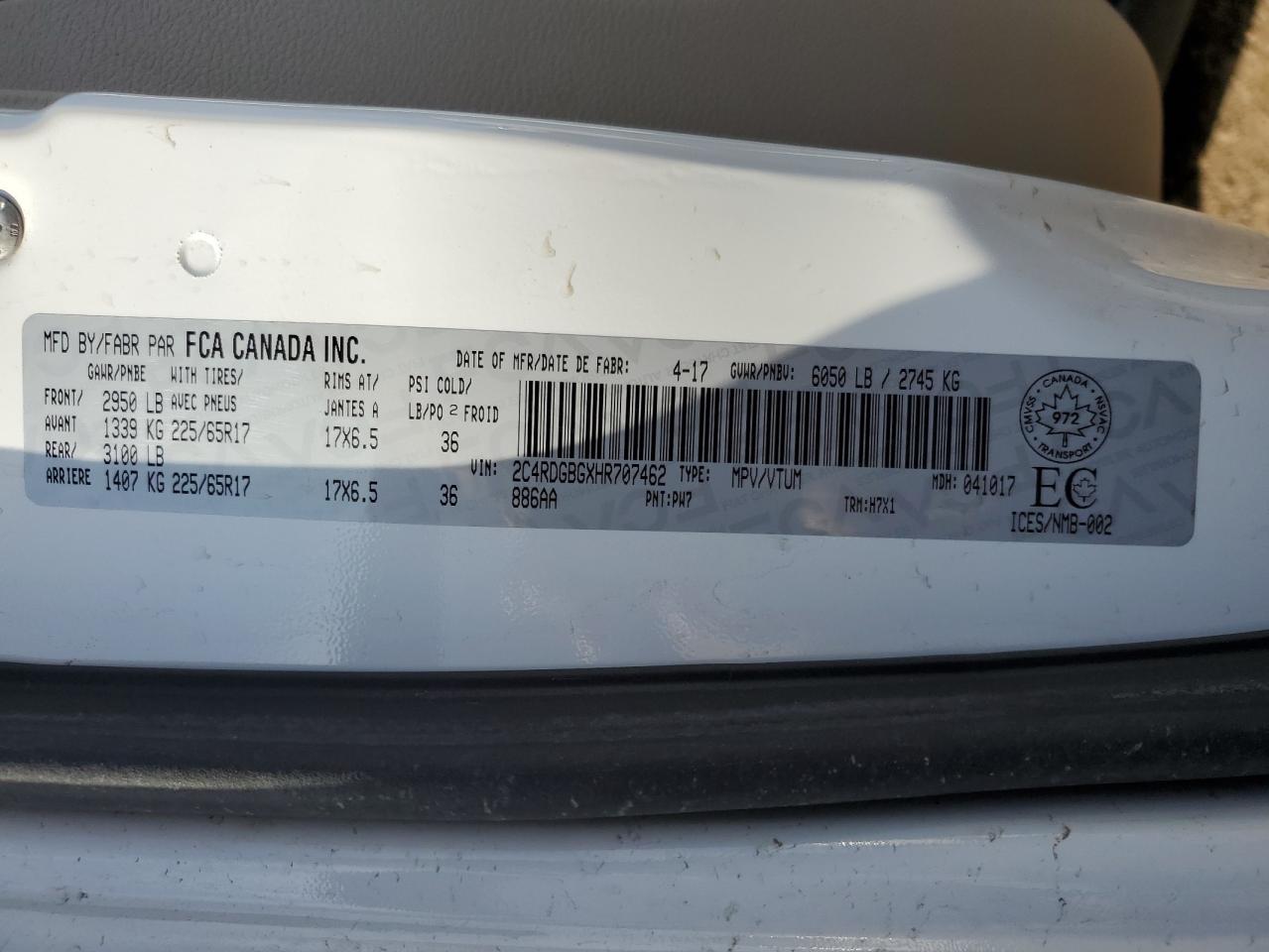 2017 Dodge Grand Caravan Se VIN: 2C4RDGBGXHR707462 Lot: 56907075