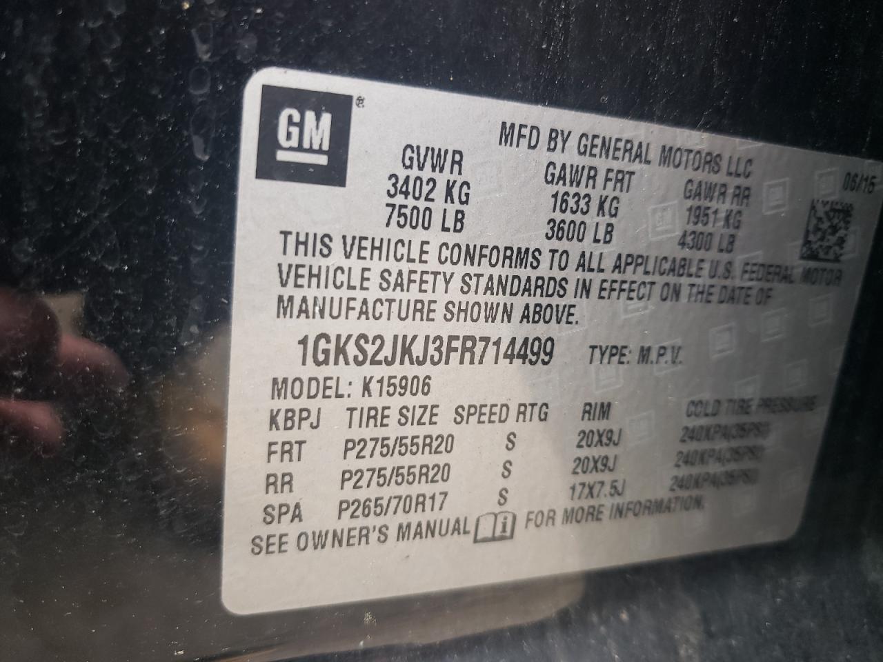 2015 GMC Yukon Xl Denali VIN: 1GKS2JKJ3FR714499 Lot: 57088785
