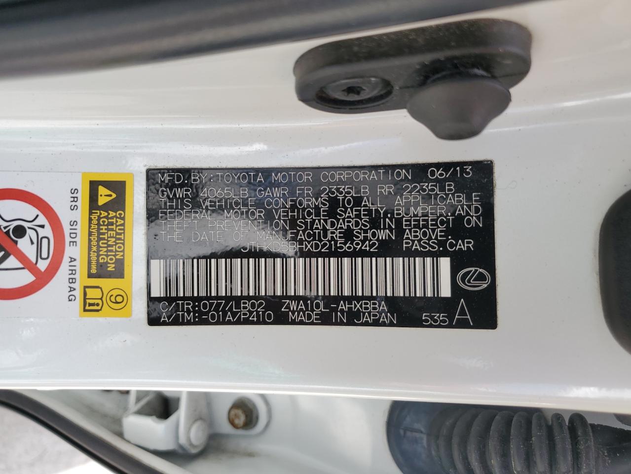 2013 Lexus Ct 200 VIN: JTHKD5BHXD2156942 Lot: 54945075
