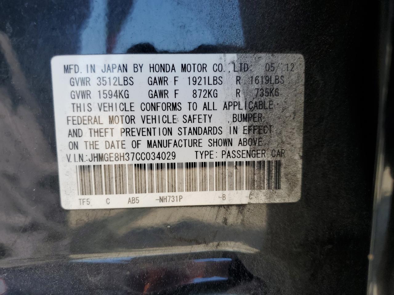 2012 Honda Fit VIN: JHMGE8H37CC034029 Lot: 56256845