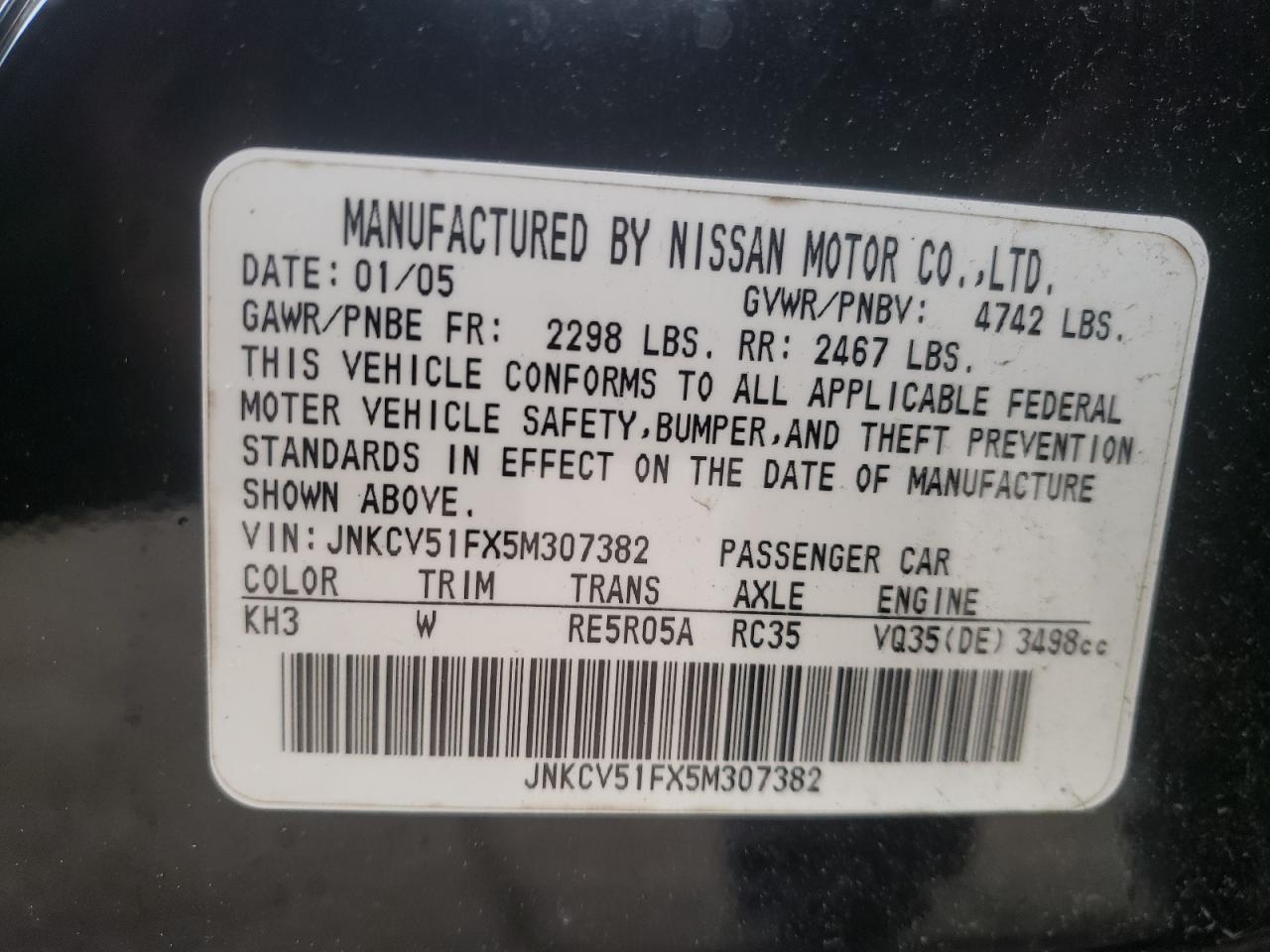 2005 Infiniti G35 VIN: JNKCV51FX5M307382 Lot: 55740055