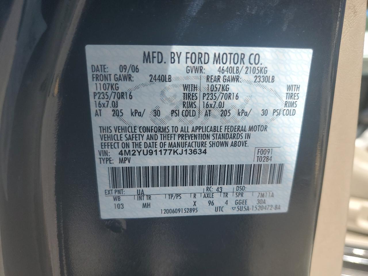 2007 Mercury Mariner Luxury VIN: 4M2YU91177KJ13634 Lot: 56946825