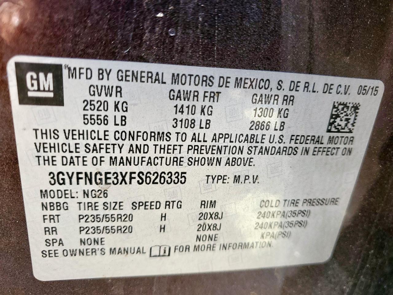 2015 Cadillac Srx Premium Collection VIN: 3GYFNGE3XFS626335 Lot: 56885085