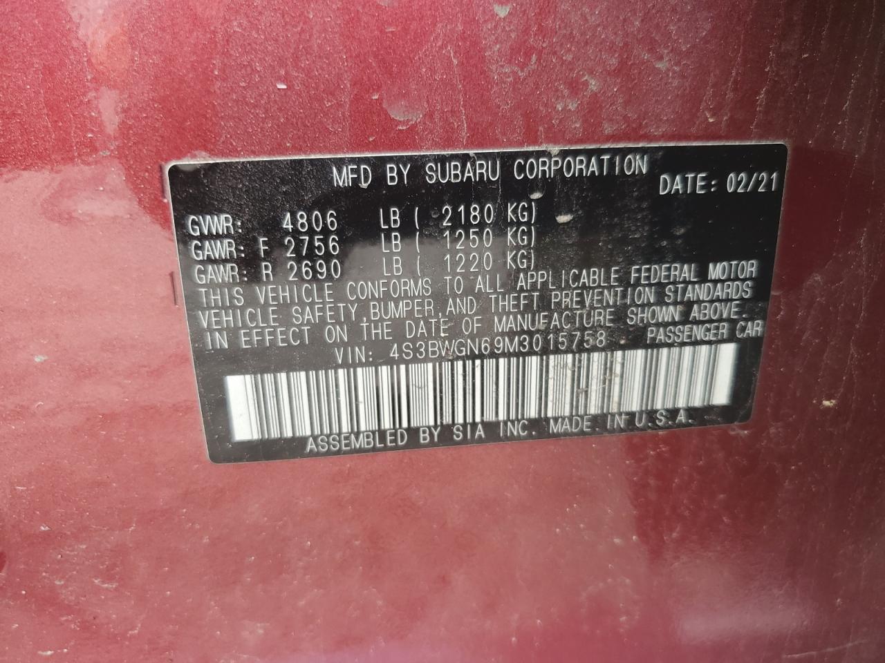 2021 Subaru Legacy Limited Xt VIN: 4S3BWGN69M3015758 Lot: 56466775