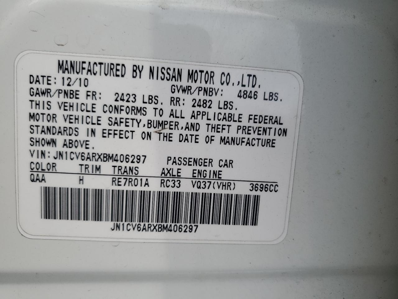 2011 Infiniti G37 VIN: JN1CV6ARXBM406297 Lot: 57170265