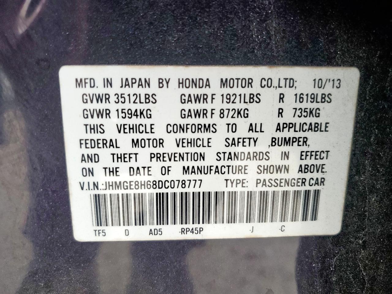 2013 Honda Fit Sport VIN: JHMGE8H68DC078777 Lot: 57165605