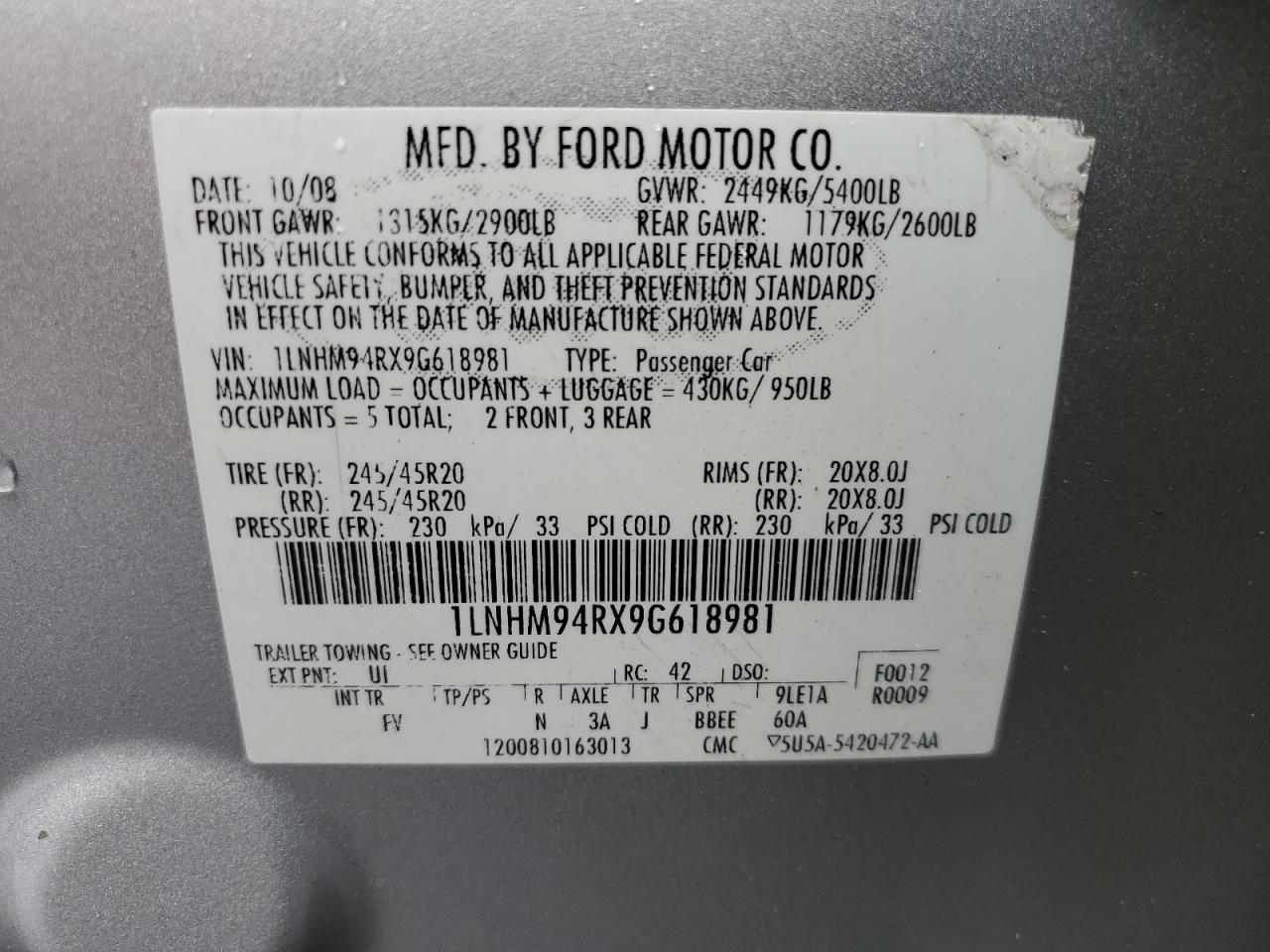 2009 Lincoln Mks VIN: 1LNHM94RX9G618981 Lot: 56257915