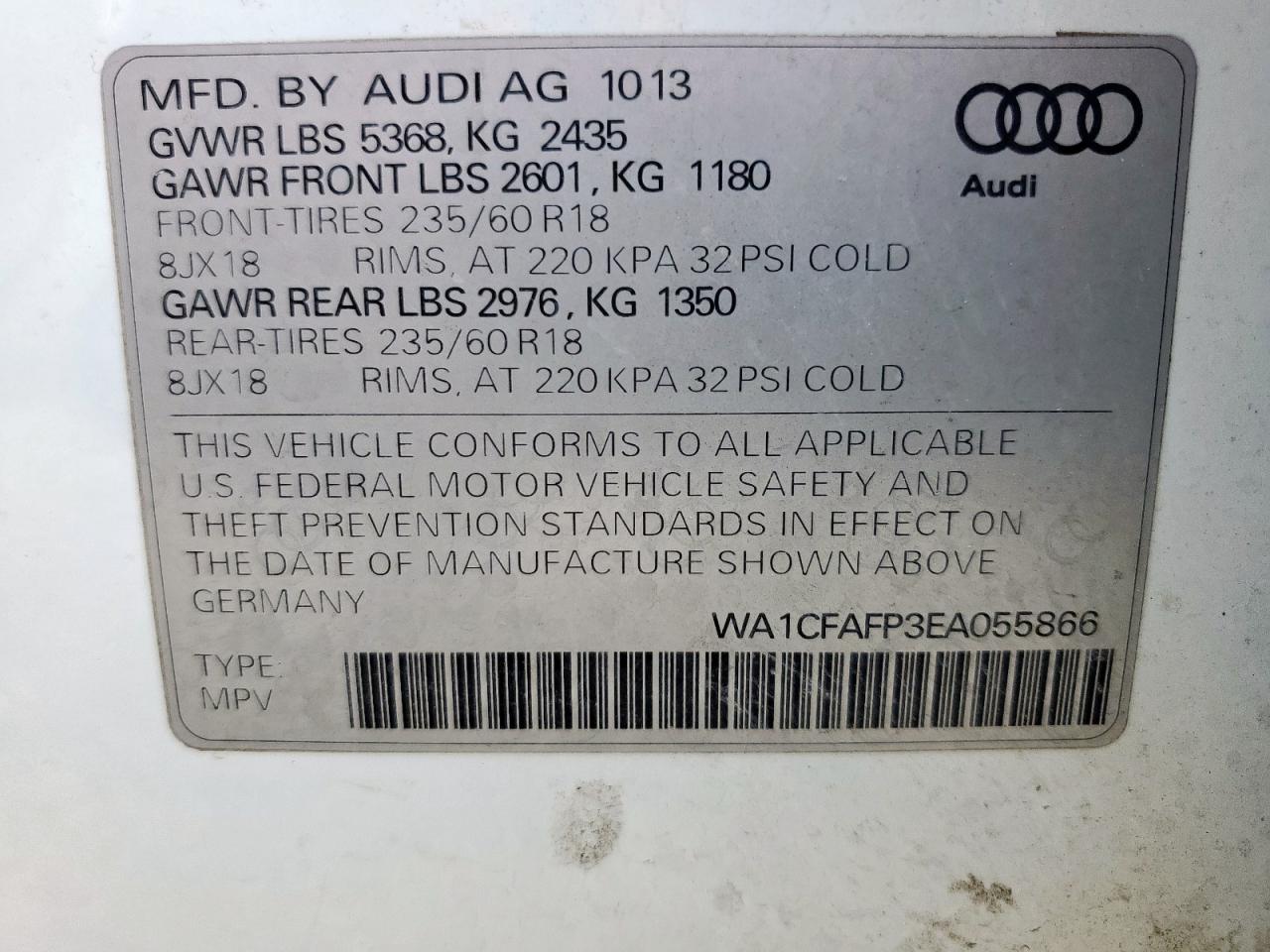 2014 Audi Q5 Premium VIN: WA1CFAFP3EA055866 Lot: 56986335