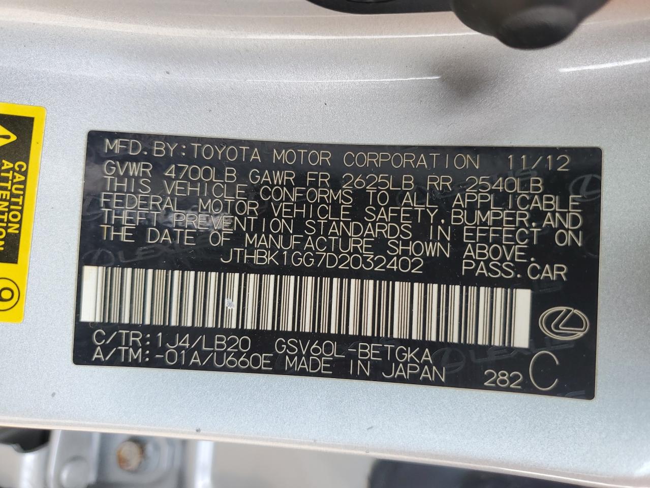 2013 Lexus Es 350 VIN: JTHBK1GG7D2032402 Lot: 56949085