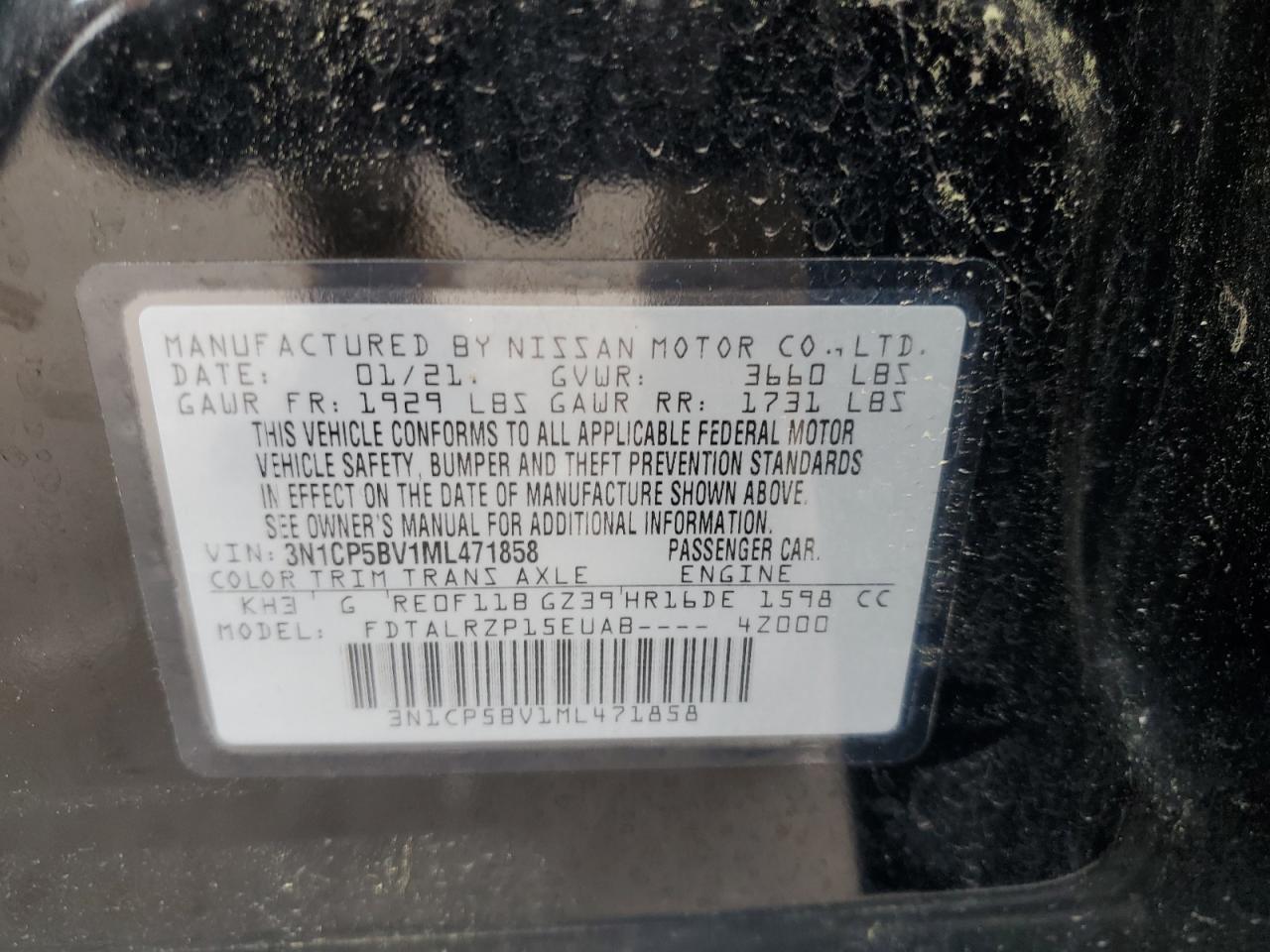 2021 Nissan Kicks S VIN: 3N1CP5BV1ML471858 Lot: 57131275