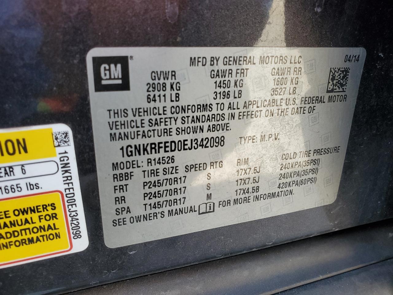 2014 Chevrolet Traverse Ls VIN: 1GNKRFED0EJ342098 Lot: 57020415