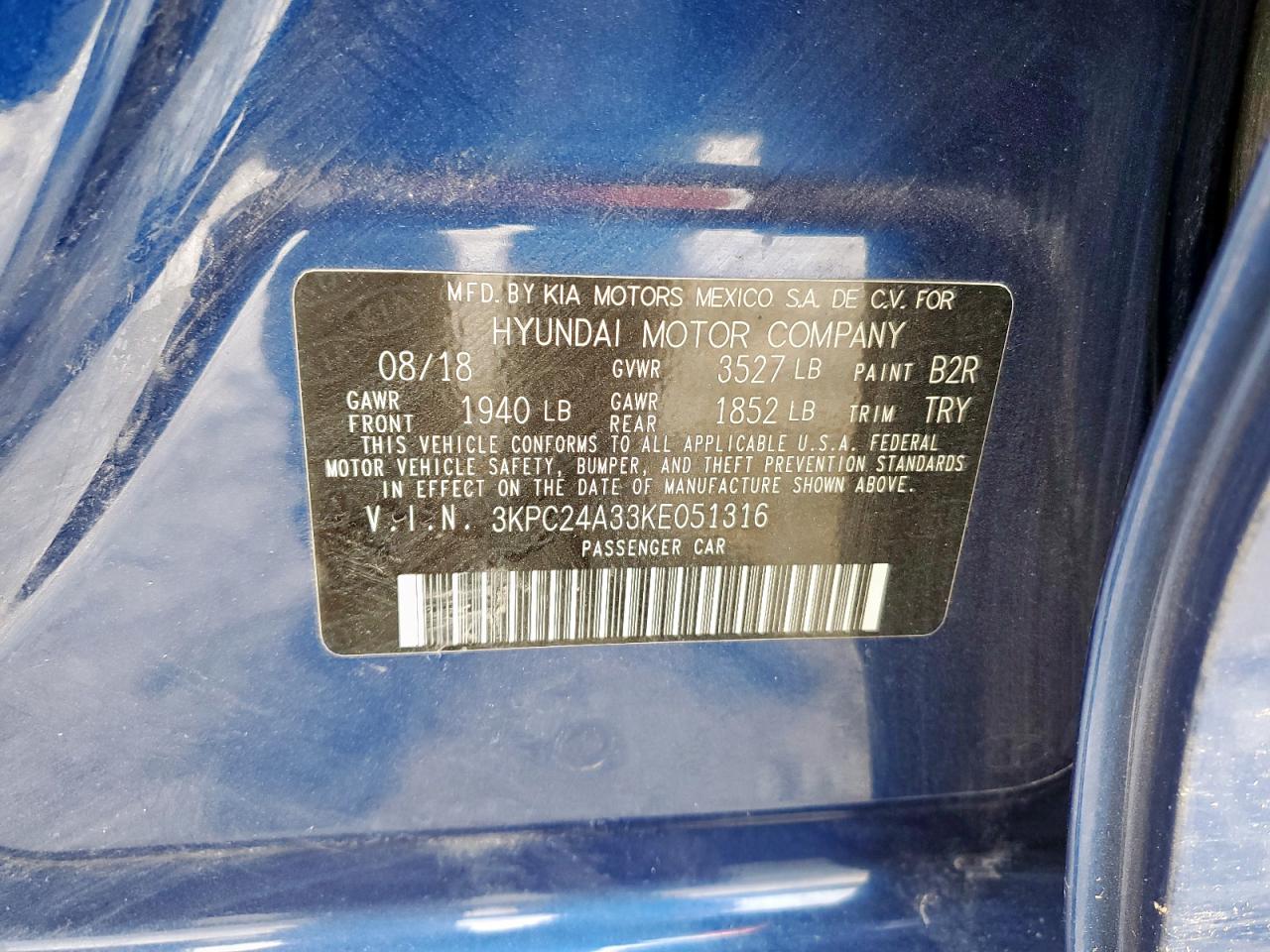 2019 Hyundai Accent Se VIN: 3KPC24A33KE051316 Lot: 57508065