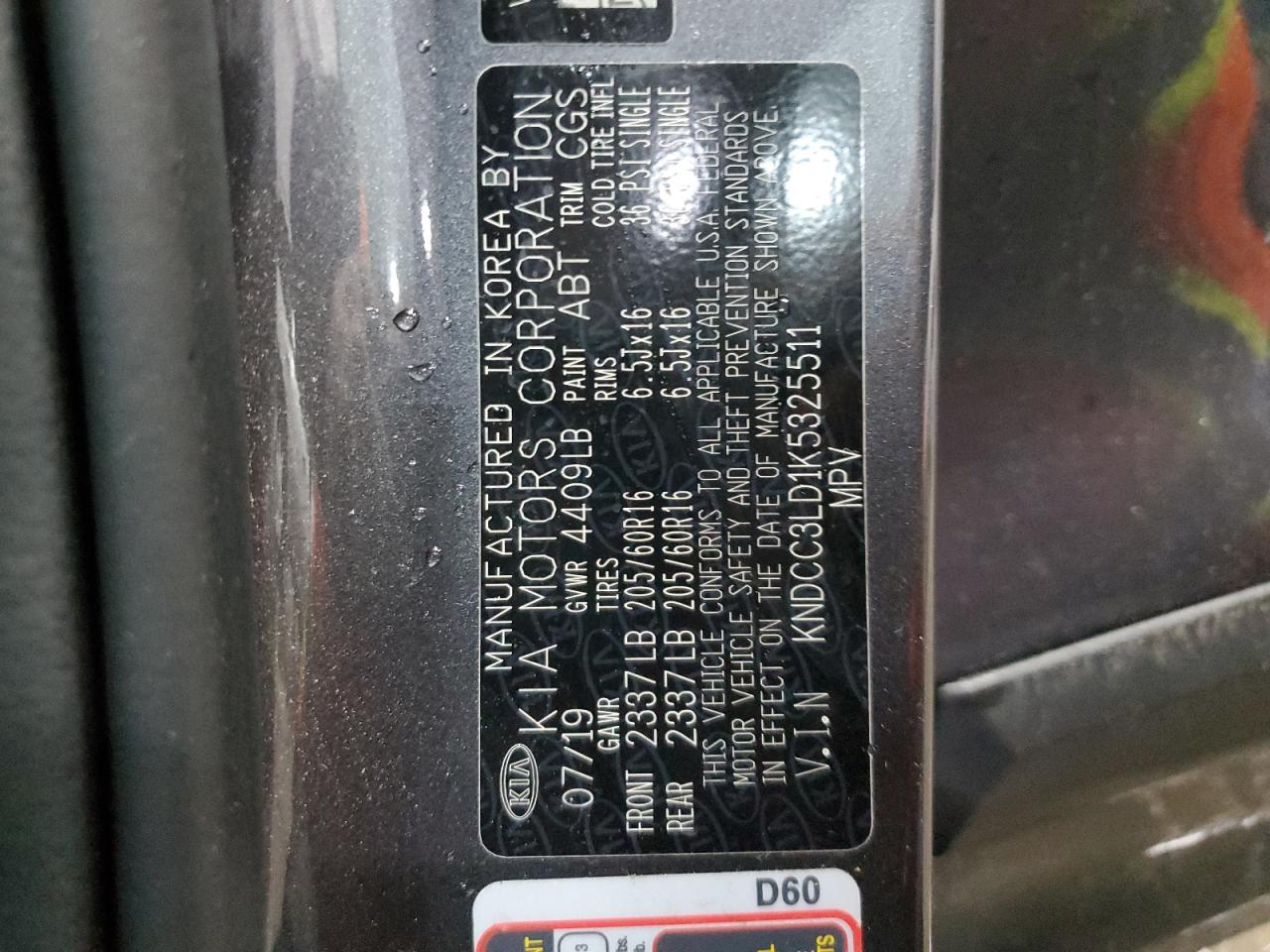 2019 Kia Niro Ex Premium VIN: KNDCC3LD1K5325511 Lot: 56493465