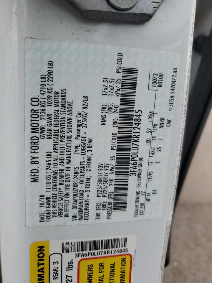 2019 Ford Fusion Se VIN: 3FA6P0LU7KR124845 Lot: 55084575