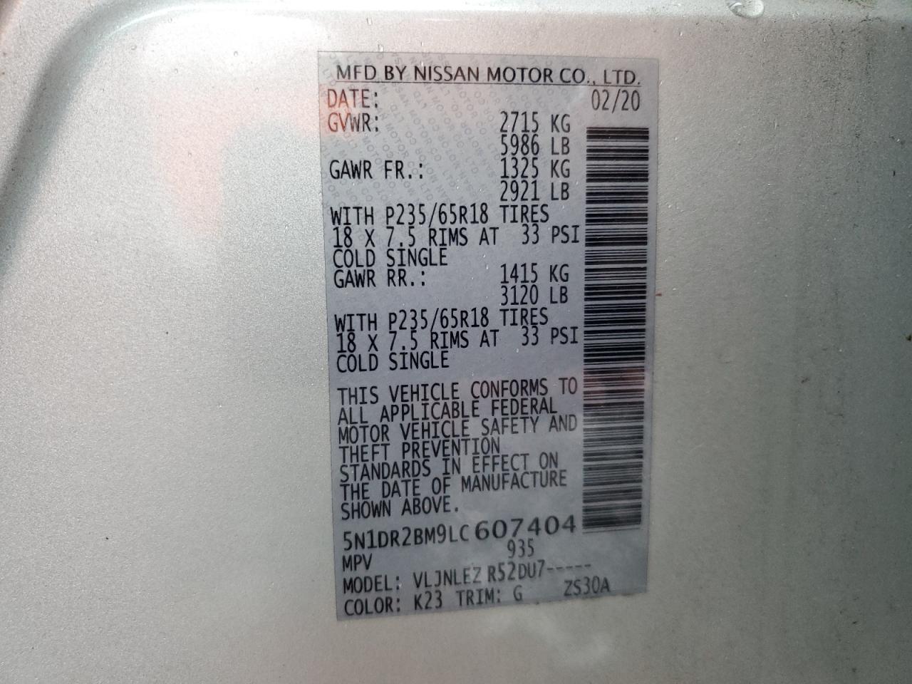 2020 Nissan Pathfinder Sv VIN: 5N1DR2BM9LC607404 Lot: 55953685