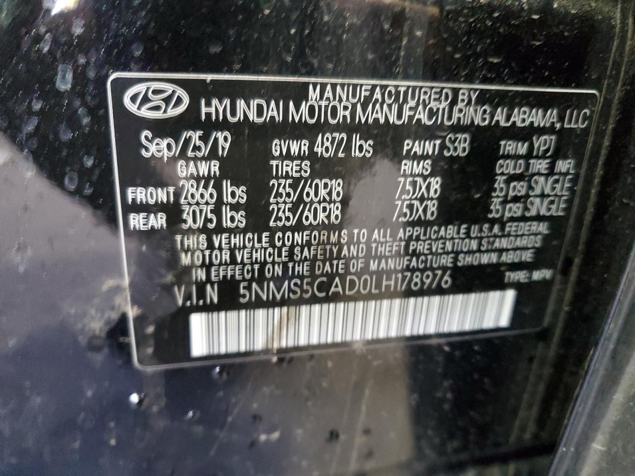 2020 Hyundai Santa Fe Limited VIN: 5NMS5CAD0LH178976 Lot: 58224355