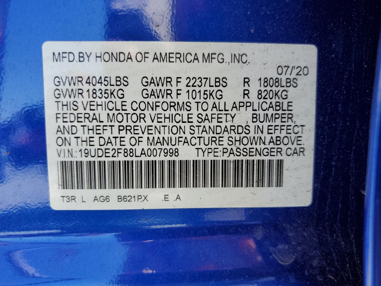 2020 Acura Ilx Premium A-Spec VIN: 19UDE2F88LA007998 Lot: 55940975