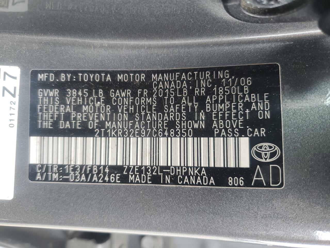 2007 Toyota Corolla Matrix Xr VIN: 2T1KR32E97C648350 Lot: 58872595