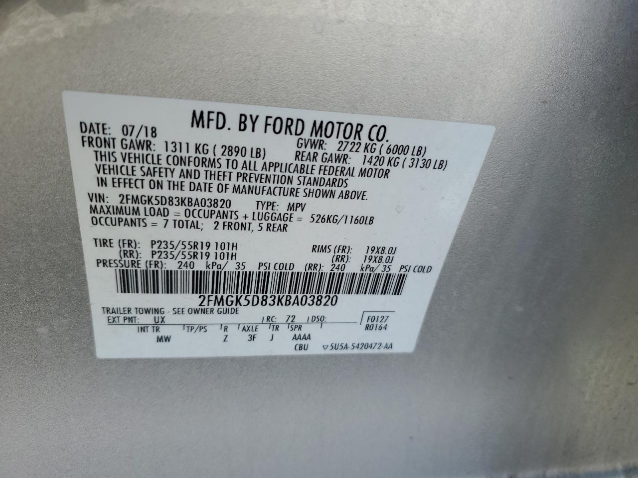 2019 Ford Flex Limited VIN: 2FMGK5D83KBA03820 Lot: 57690235