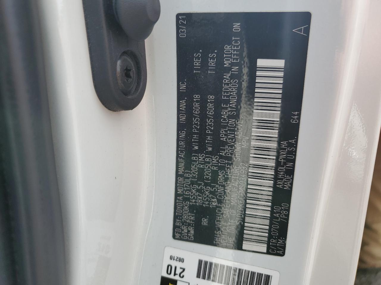 2021 Toyota Sienna Limited VIN: 5TDZRKEC6MS034992 Lot: 56686885