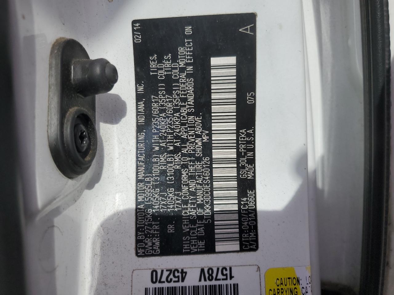 2014 Toyota Sienna Le VIN: 5TDKK3DC0ES460126 Lot: 57650355