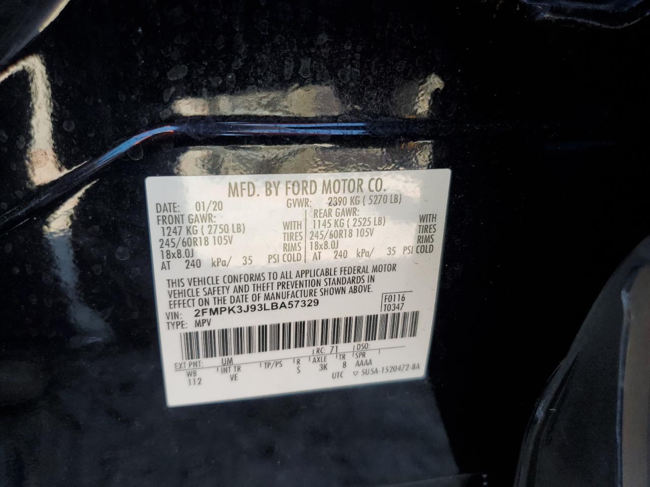 2020 Ford Edge Sel VIN: 2FMPK3J93LBA57329 Lot: 56996185
