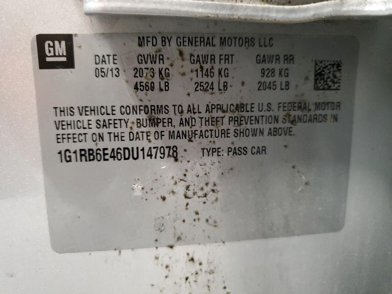 2013 Chevrolet Volt VIN: 1G1RB6E46DU147978 Lot: 56587975
