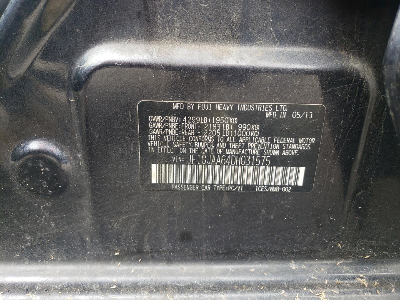 2013 Subaru Impreza VIN: JF1GJAA64DH031575 Lot: 58693705