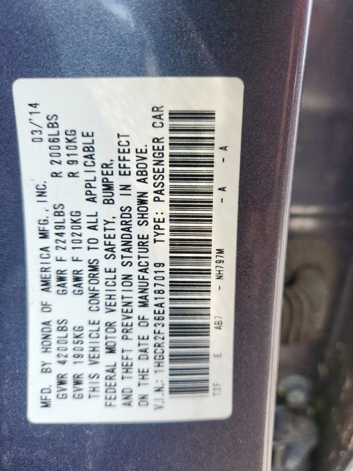 2014 Honda Accord Lx VIN: 1HGCR2F36EA187019 Lot: 57230095
