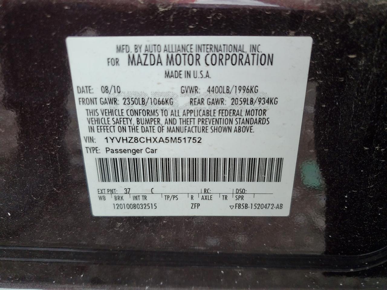 2010 Mazda 6 I VIN: 1YVHZ8CHXA5M51752 Lot: 57656145