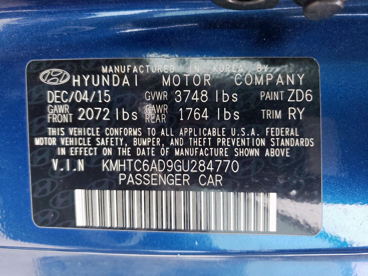 2016 Hyundai Veloster VIN: KMHTC6AD9GU284770 Lot: 56572565