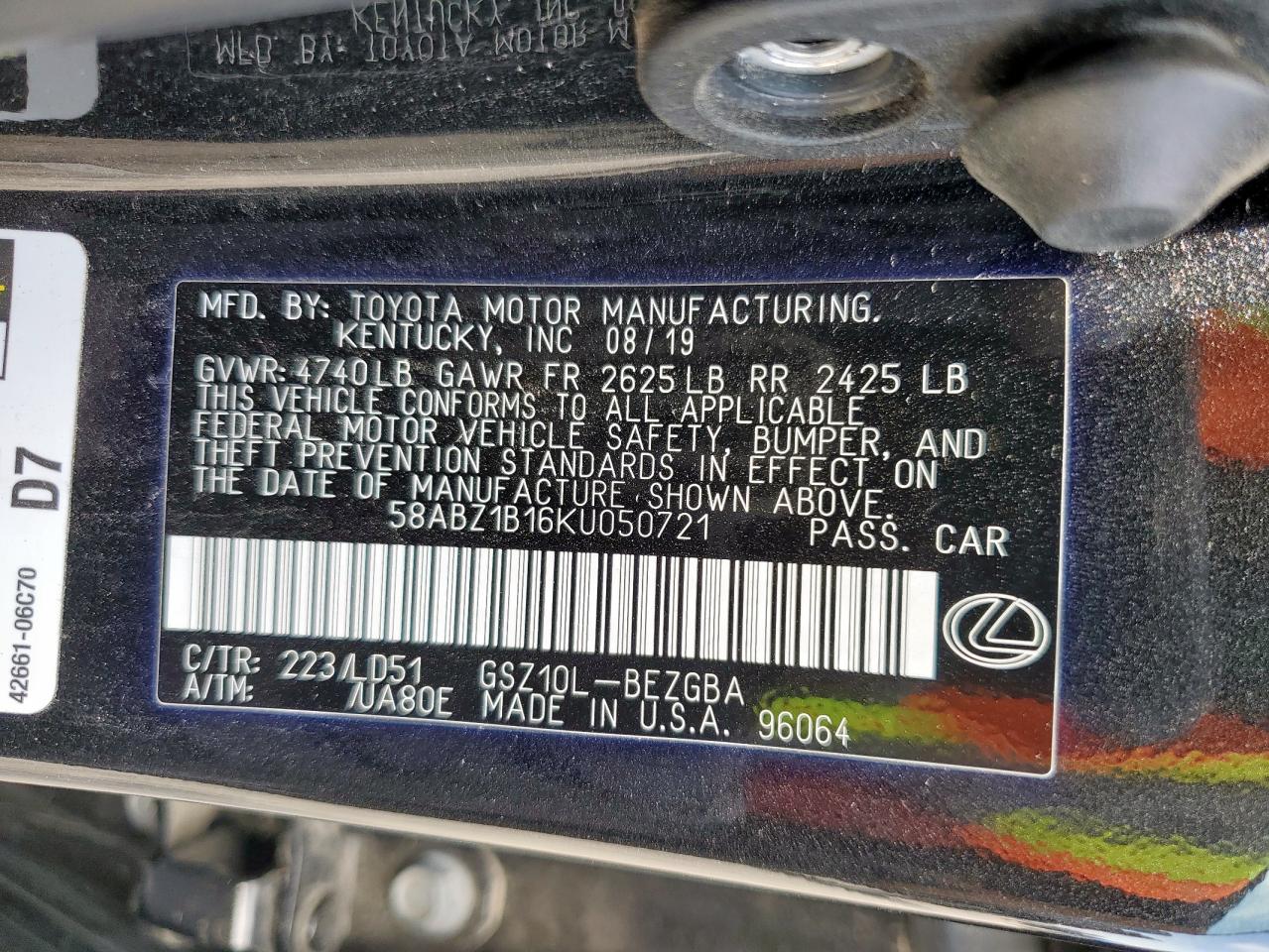 2019 Lexus Es 350 VIN: 58ABZ1B16KU050721 Lot: 57253275