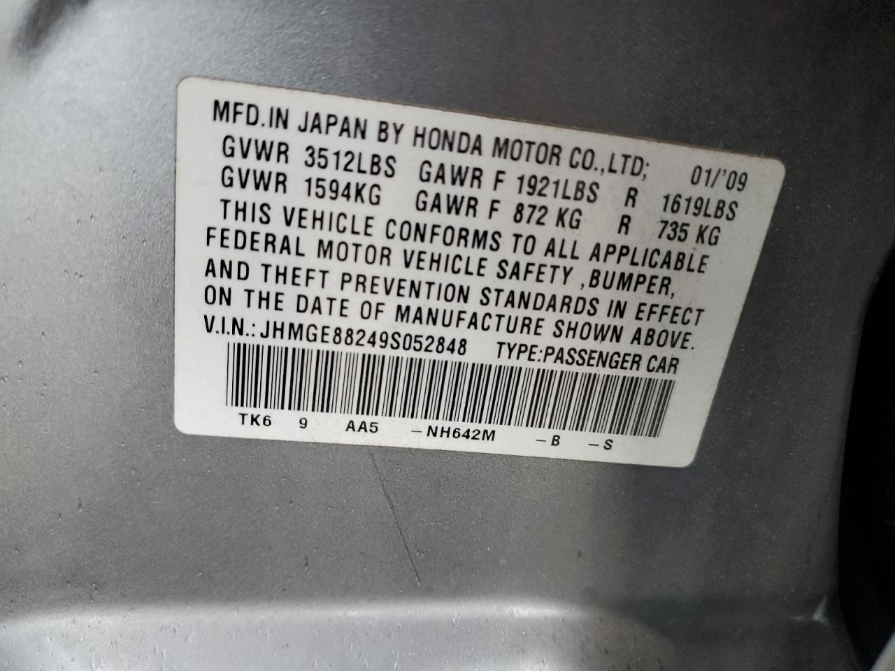 2009 Honda Fit VIN: JHMGE88249S052848 Lot: 56739415