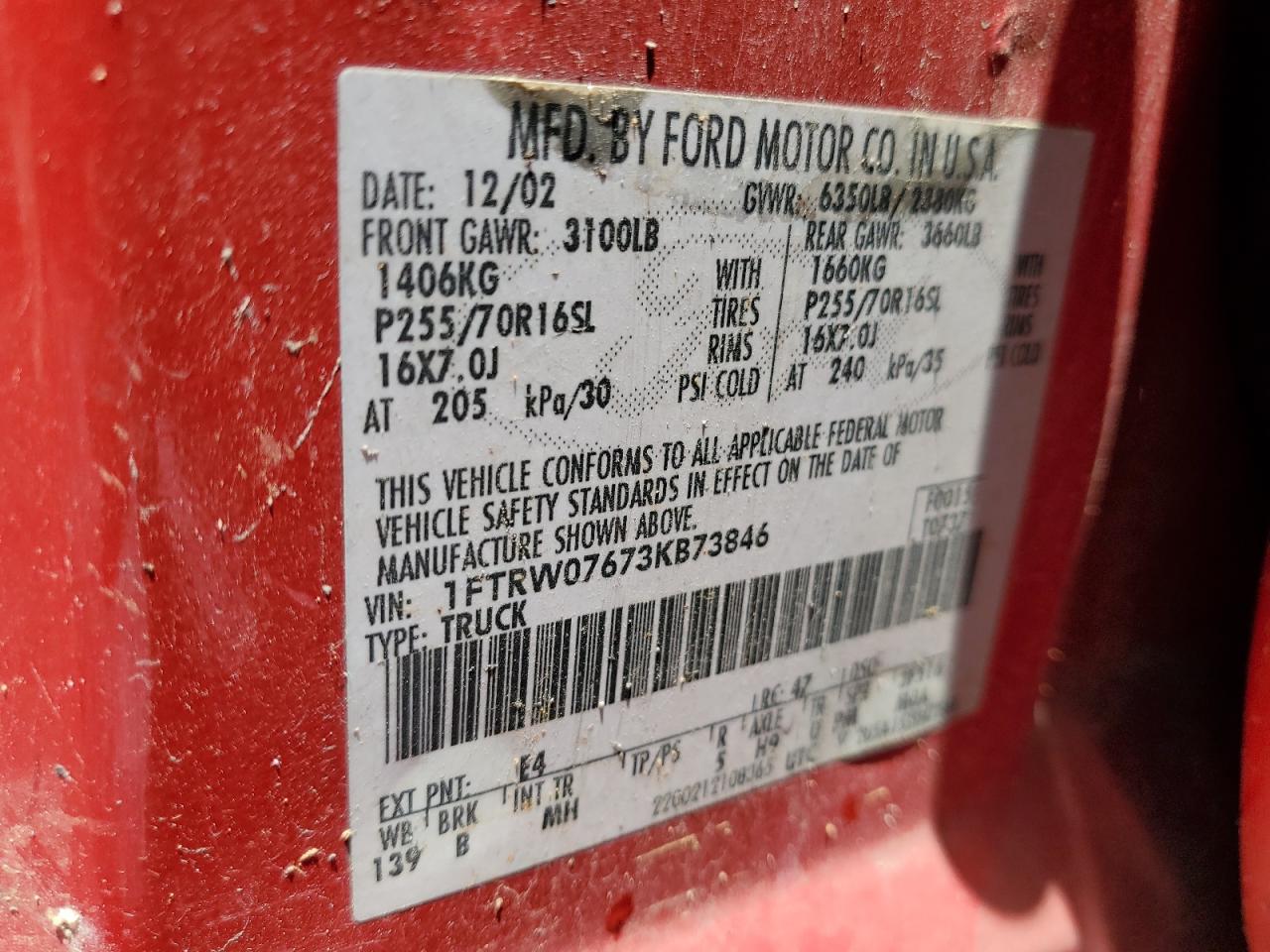 2003 Ford F150 Supercrew VIN: 1FTRW07673KB73846 Lot: 57668795