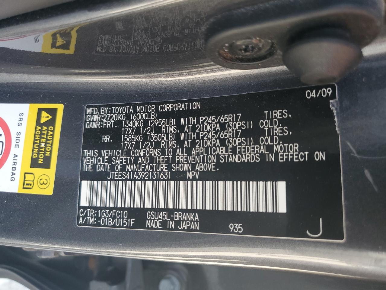 2009 Toyota Highlander VIN: JTEES41A392131631 Lot: 56846475