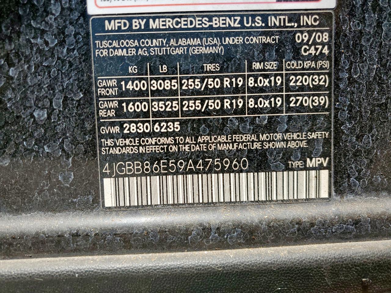 2009 Mercedes-Benz Ml 350 VIN: 4JGBB86E59A475960 Lot: 57132025