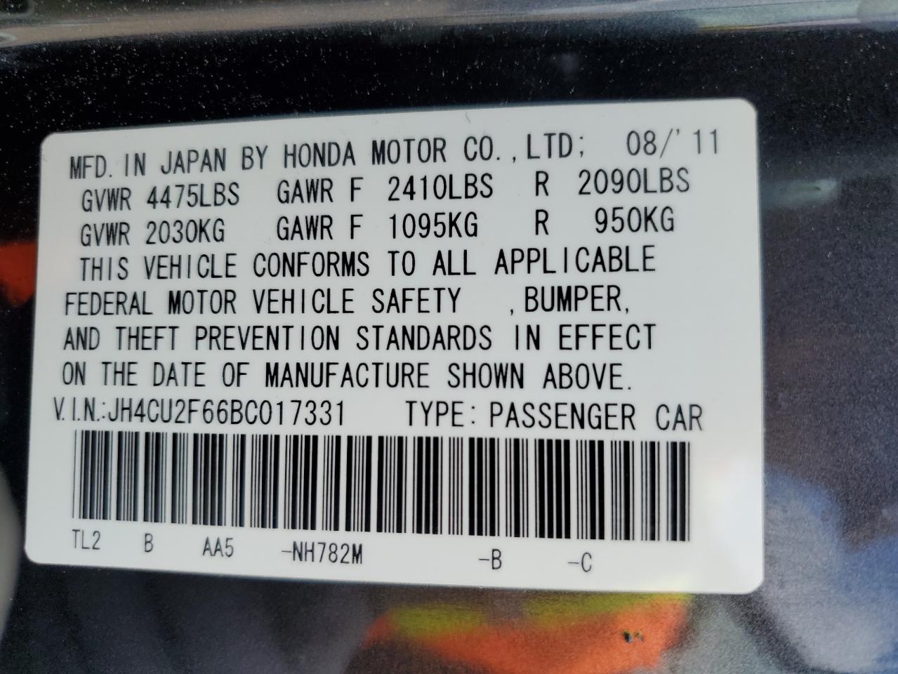2011 Acura Tsx VIN: JH4CU2F66BC017331 Lot: 57106035