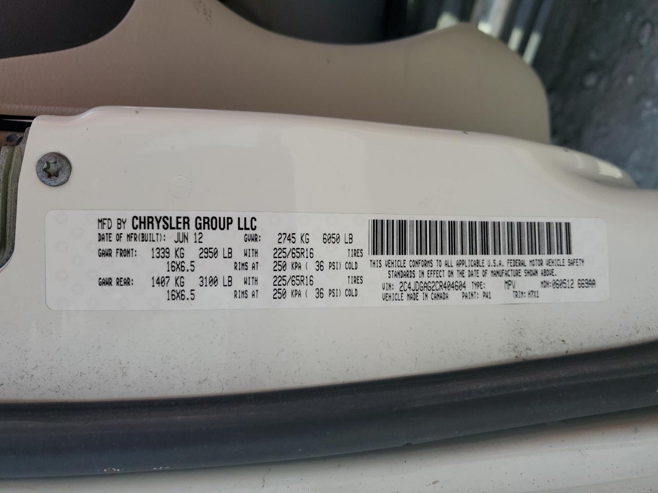 2012 Dodge Ram Van VIN: 2C4JDGAG2CR404604 Lot: 51976265