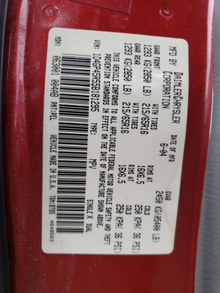 2005 Dodge Caravan Sxt VIN: 1D4GP45R55B181295 Lot: 58246075