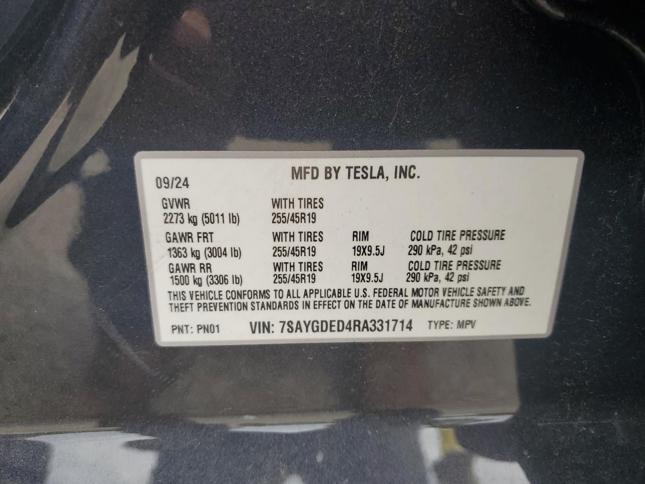 2024 Tesla Model Y VIN: 7SAYGDED4RA331714 Lot: 57043915