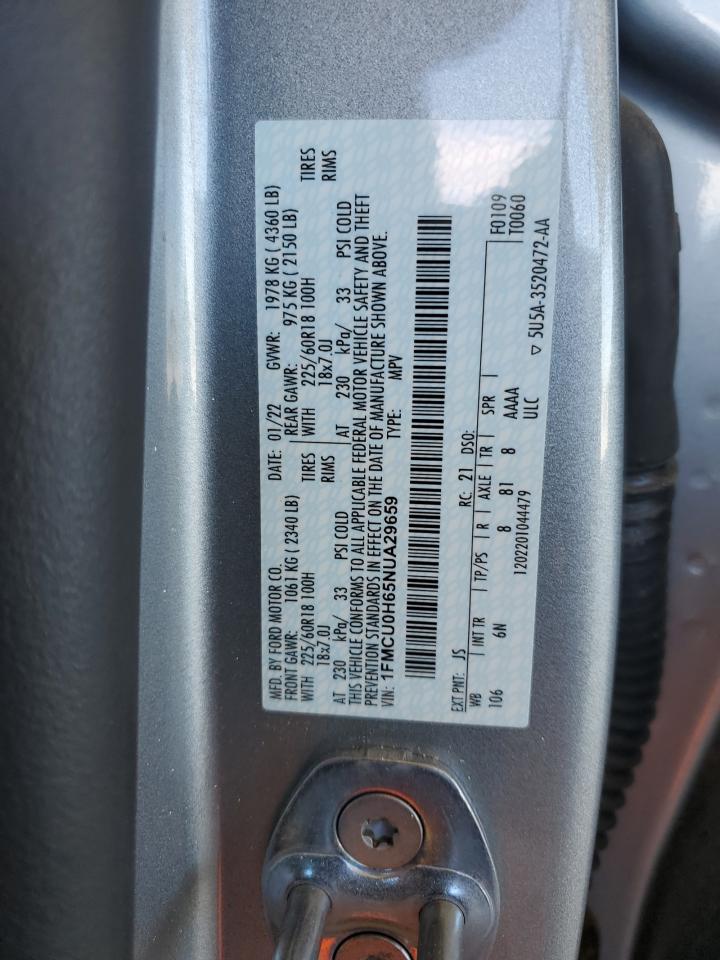 2022 Ford Escape Sel VIN: 1FMCU0H65NUA29659 Lot: 58041305