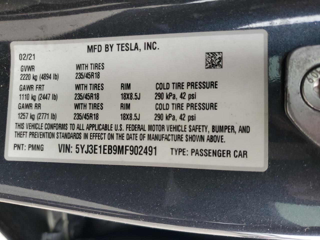 2021 Tesla Model 3 VIN: 5YJ3E1EB9MF902491 Lot: 56963575