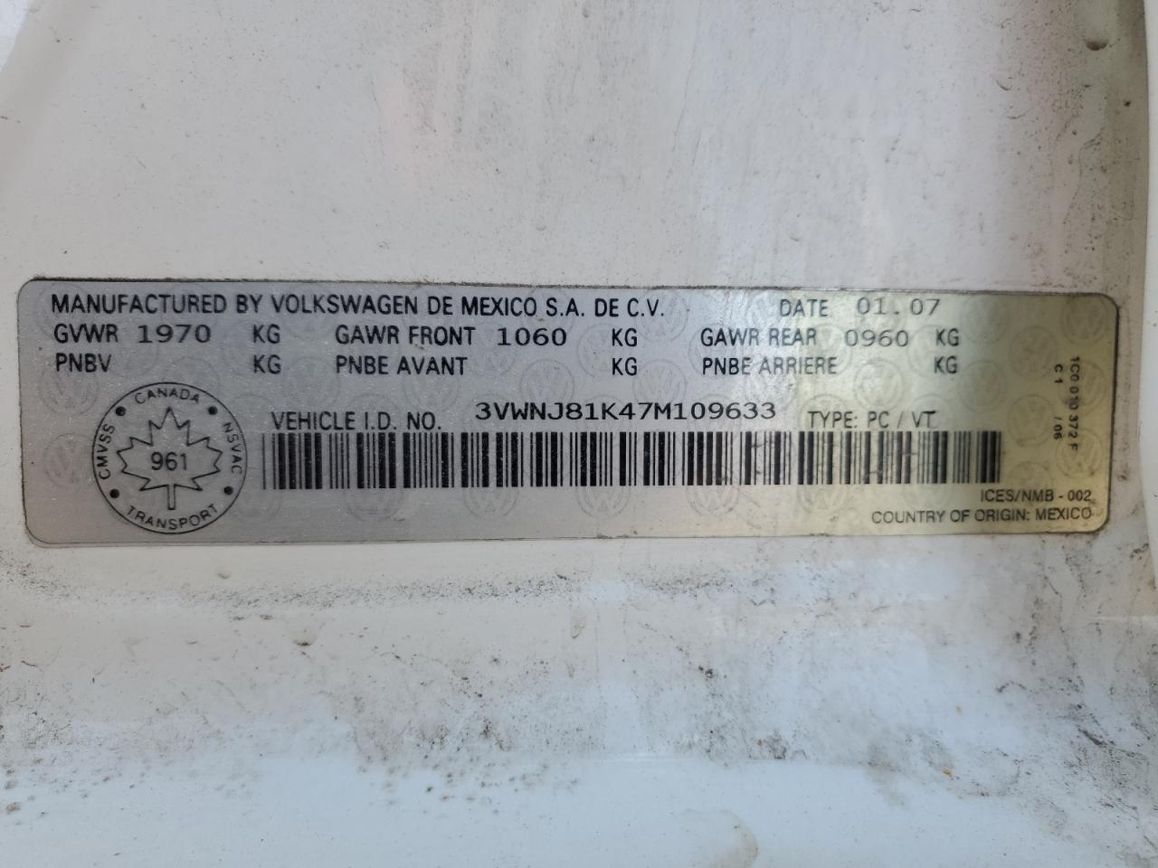 2007 Volkswagen Jetta 2.0T Premium VIN: 3VWNJ81K47M109633 Lot: 56069115