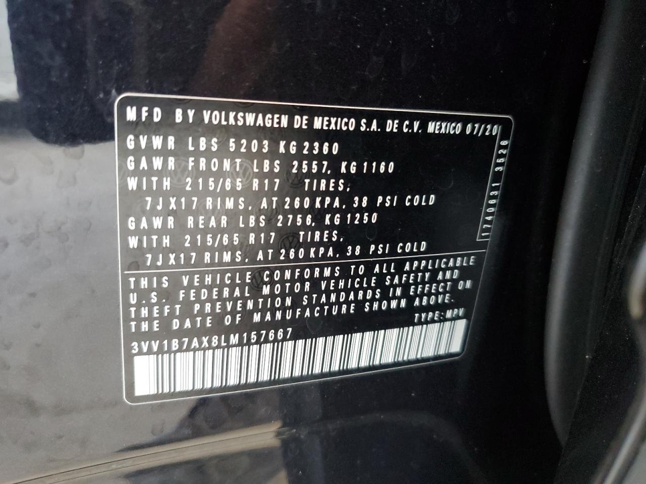 2020 Volkswagen Tiguan S VIN: 3VV1B7AX8LM157667 Lot: 56722935