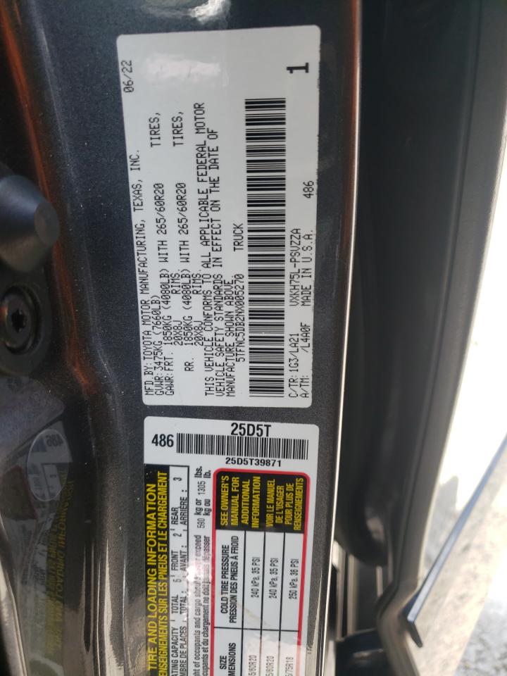 2022 Toyota Tundra Crewmax Platinum VIN: 5TFNC5DB2NX005270 Lot: 56390395