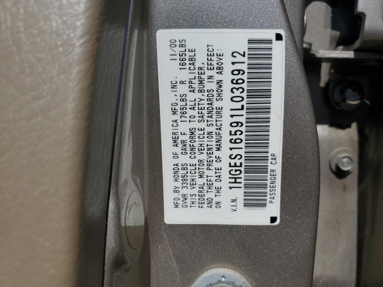 2001 Honda Civic Lx VIN: 1HGES16591L036912 Lot: 55562945