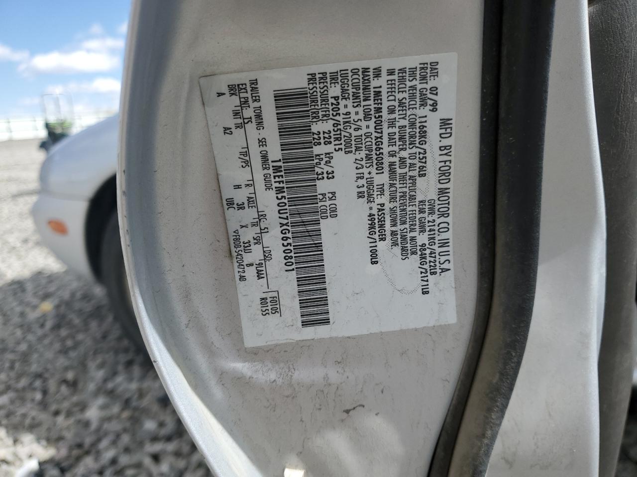 1999 Mercury Sable Gs VIN: 1MEFM50U7XG650801 Lot: 56764005